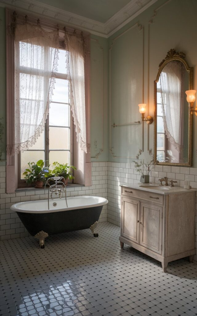 A vintage-style bathroom with classic black-and-white checkerboard tile flooring that gleams softly under natural light. A clawfoot tub sits near a tall window dressed with delicate lace curtains, fluttering gently in the breeze. The walls are painted in a soft pastel hue—mint or dusty rose—with a distressed vanity and antique brass fixtures. A gilded mirror reflects warm light from frosted sconces. There are plants on the windowsill. The overall ambiance is charming and European countryside.