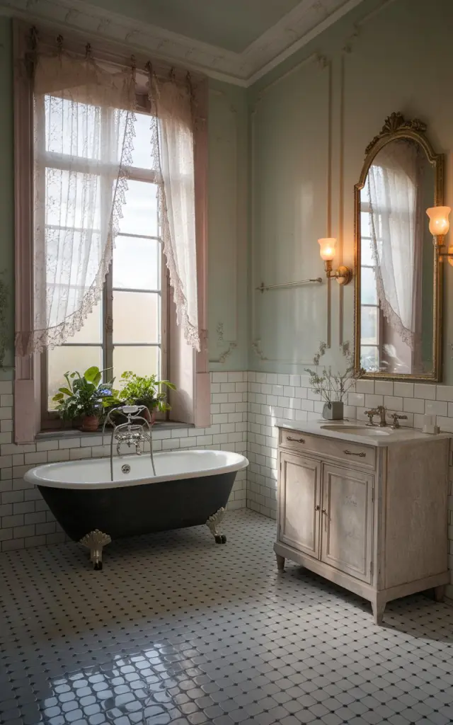 A vintage-style bathroom with classic black-and-white checkerboard tile flooring that gleams softly under natural light. A clawfoot tub sits near a tall window dressed with delicate lace curtains, fluttering gently in the breeze. The walls are painted in a soft pastel hue—mint or dusty rose—with a distressed vanity and antique brass fixtures. A gilded mirror reflects warm light from frosted sconces. There are plants on the windowsill. The overall ambiance is charming and European countryside.