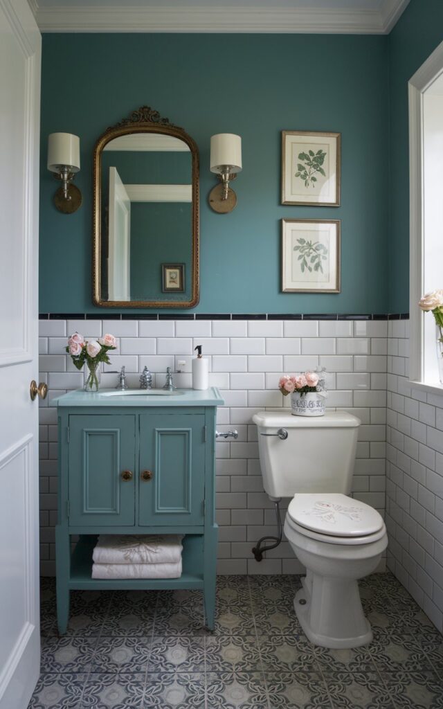 A photo of a vintage-style bathroom painted in muted teal, setting a calm, classic tone with a touch of retro charm. A vintage vanity sits beneath an antique gold mirror, while white subway tiles with dark grout offer timeless contrast. Polished chrome fixtures and a porcelain pedestal sink nod to early 20th-century design. Patterned floor tiles and soft, embroidered linens add texture and character. Framed botanical prints and a small vase of garden roses complete the look, creating a space that feels both nostalgic and effortlessly cool.