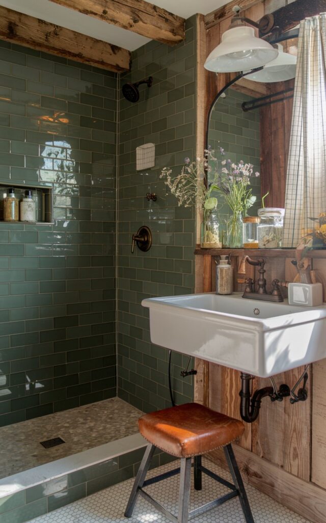 A photo of a warm Americana-rustic bathroom with a mix of glossy and matte green tiles on the shower wall. The glossy hunter green tiles catch the light, while the matte olive green tiles add subtle texture and depth in an alternating pattern. Exposed wooden beams and reclaimed barn wood paneling bring rustic charm. A farmhouse-style white apron sink with vintage bronze fixtures anchors the space. Mason jars with wildflowers and a worn leather stool add cozy, homey touches. Natural sunlight filters through a checkered curtain, enhancing the earthy, inviting atmosphere of this green-tiled retreat.