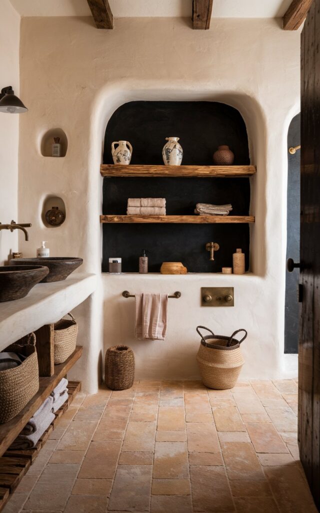 A photo of a warm Mediterranean-rustic bathroom. The floor is made of sun-kissed terracotta or travertine tiles. There are three soft white stucco walls and one bold matte black accent wall. The black wall serves as a backdrop for rustic wooden shelves, hand-painted ceramic accessories, and aged brass fixtures. There are earthy textures like woven baskets, linen towels, and a rough-hewn vanity. The black wall adds depth and a modern twist. The bathroom has a moody-meets-earthy vibe and feels both timeless and refreshingly bold.