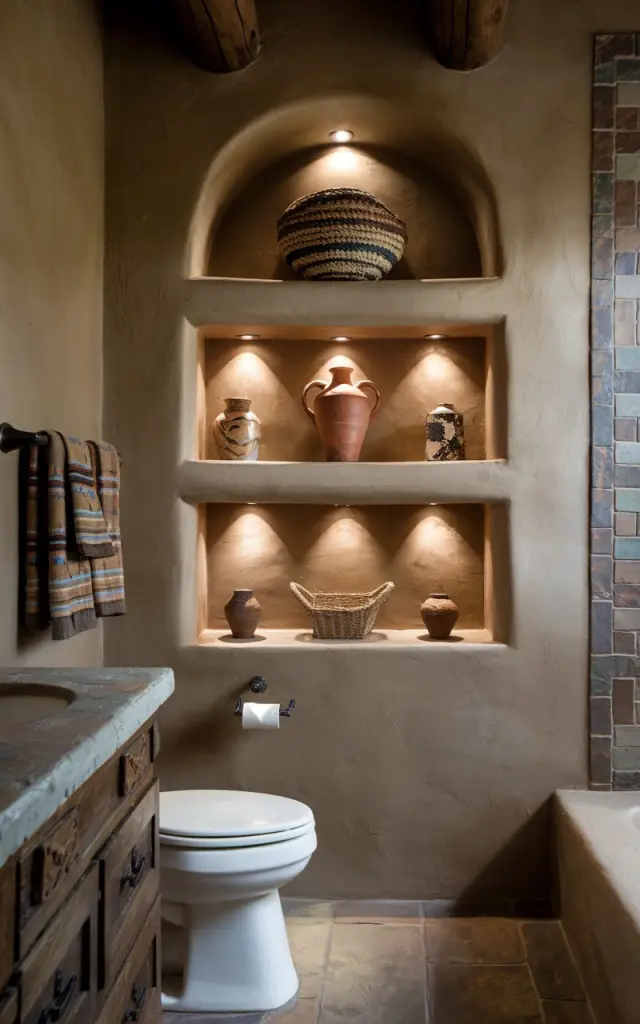 A photo of a Southwestern traditional bathroom with earthy stucco walls, hand-painted Talavera tiles, and rich wood accents. A built-in arched niche shelf holds woven baskets, terracotta pottery, and small heirloom items. Subtle, integrated spotlights are tucked into the upper curve of the niche, casting a soft glow that highlights each object’s texture and history. The lighting adds depth and intimacy to the space, echoing the sun-drenched charm and handcrafted details of the desert Southwest. The bathroom has a vanity, a toilet, and a bathtub. There is no natural light; only light from the spotlights.