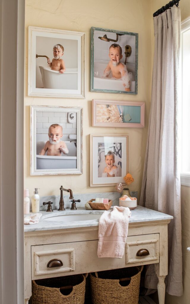 A warm and inviting Farmhouse + Chic kids’ bathroom featuring a gallery of 4-5 framed photos hung playfully near the vanity. The images capture hilarious family bath moments—like a baby perched in the sink, a toddler sporting a bubbly beard, and siblings wrapped in matching fluffy towels. The frames are a mix of distressed white wood and soft pastel hues, complementing the textured walls painted in creamy off-white. The vanity is rustic with a marble countertop and vintage brass fixtures. Soft linen curtains and woven baskets add to the cozy, lived-in charm of the space.