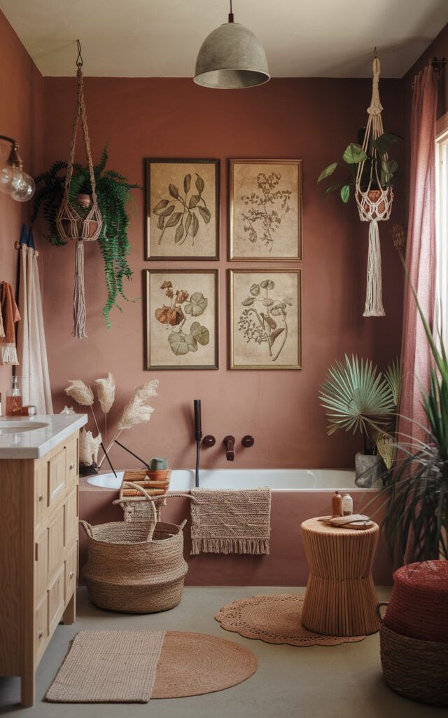 A photo of a warm, earthy boho-style bathroom with natural textures and eclectic details. The wall above the bathtub has three framed vintage botanical prints arranged in a neat row. The prints have aged paper tones with hand-drawn florals or foliage, framed in thin brass or light wood frames. The wall is painted in a soft clay, terracotta, or muted sage color. The bathroom decor includes hanging plants in macramé holders, woven baskets, a jute rug, and a rattan stool. The bathroom has a vanity, curtained window, ceiling pendant light, floor rug, and other details. The natural light in the bathroom is soft, ambient.