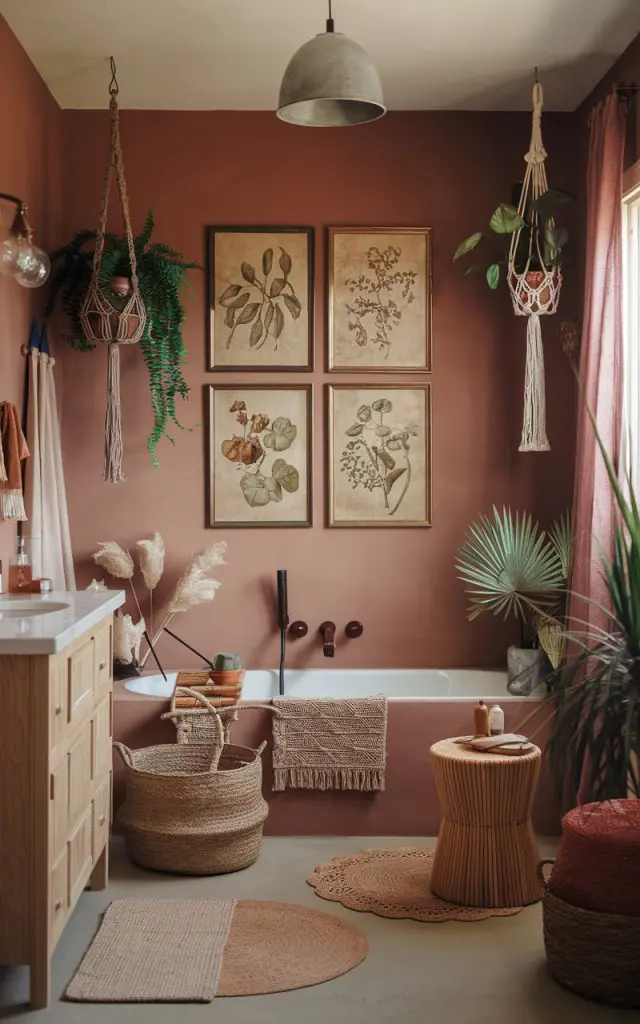 A photo of a warm, earthy boho-style bathroom with natural textures and eclectic details. The wall above the bathtub has three framed vintage botanical prints arranged in a neat row. The prints have aged paper tones with hand-drawn florals or foliage, framed in thin brass or light wood frames. The wall is painted in a soft clay, terracotta, or muted sage color. The bathroom decor includes hanging plants in macramé holders, woven baskets, a jute rug, and a rattan stool. The bathroom has a vanity, curtained window, ceiling pendant light, floor rug, and other details. The natural light in the bathroom is soft, ambient.