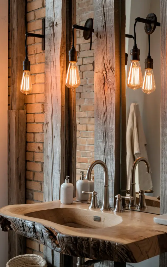 A photo of a warm rustic-modern bathroom. There is a weathered wood vanity with a live edge and a sleek, modern brushed nickel faucet. Edison bulbs with glowing filaments hang from weathered wood beams or iron brackets, casting an amber-toned light. The background features an exposed brick wall. Soft linen or woven baskets add tactile charm. The space feels grounded and fresh, with vintage warmth meeting modern simplicity in the most inviting way.