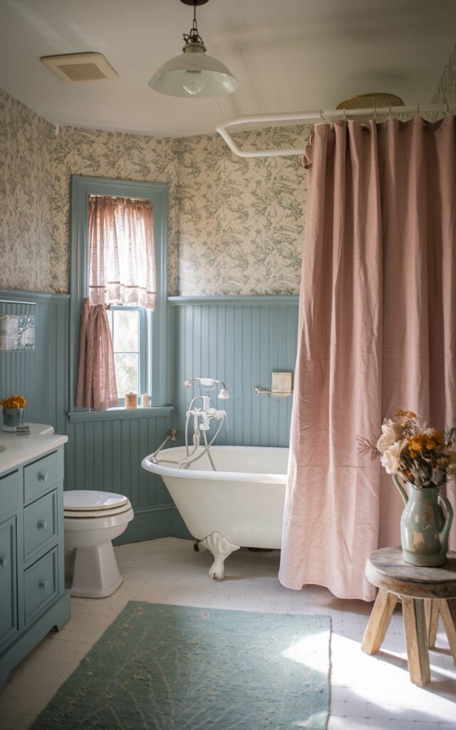 A photo of a cottagecore bathroom with soft teal wainscoting framing a white porcelain clawfoot tub. The upper walls have dainty floral wallpaper. There's a ruffled linen shower curtain, a ceramic jug with dried flowers, and a weathered wooden stool. The bathroom has a vanity, a toilet, a curtained window, a ceiling pendant light, and a floor rug. The room is illuminated by natural light, casting a warm, dreamy glow.