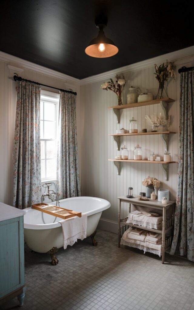A photo of a cottagecore bathroom with crisp white beadboard walls and a dramatic matte black ceiling. The ceiling has a pendant light with a warm light. The room features vintage floral curtains, a clawfoot tub, and open wood shelves styled with mason jars, dried flowers, and handmade soaps. The floor has a soft checkered pattern in muted tones. The room has a weathered vanity and lace-trimmed linens. The black ceiling wraps the room in a snug, storybook feel without overpowering its delicate, romantic vibe.