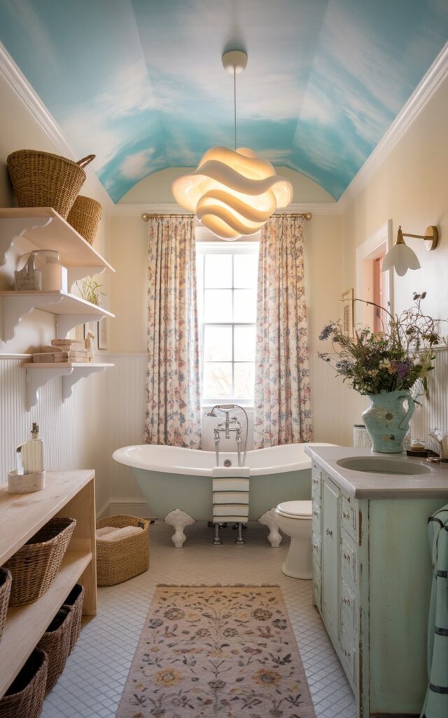 A photo of a whimsical modern cottagecore bathroom. The ceiling is a soft sky blue, evoking open skies and fresh air. There's a sculptural pendant light shaped like a swirling cloud, hanging above a clawfoot tub. The walls are painted warm white and feature delicate beadboard detailing. There are floral-patterned curtains at the window. The room contains natural textures like wicker baskets, pale wood shelves, a patterned floor rug, a distressed vanity, and a ceramic vase filled with wildflowers.
