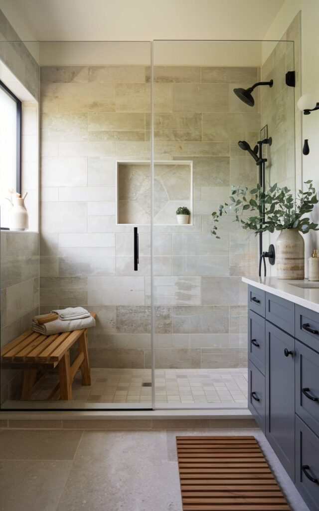 A photo of a Japandi fusion bathroom with a warm, neutral palette and a focus on comfort and simplicity. Inside a glass-enclosed shower, a wooden bench runs along one side, blending seamlessly with large-format, natural-tone tiles. The bench holds folded cotton towels and a wooden bath brush. Matte black fixtures, clean-lined cabinetry in painted navy or soft gray, and a slatted wooden bath mat reflect the Americana roots. Minimalist lighting, greenery in a ceramic pot, and subtle textures add a serene, purposeful touch to this cozy yet functional retreat.