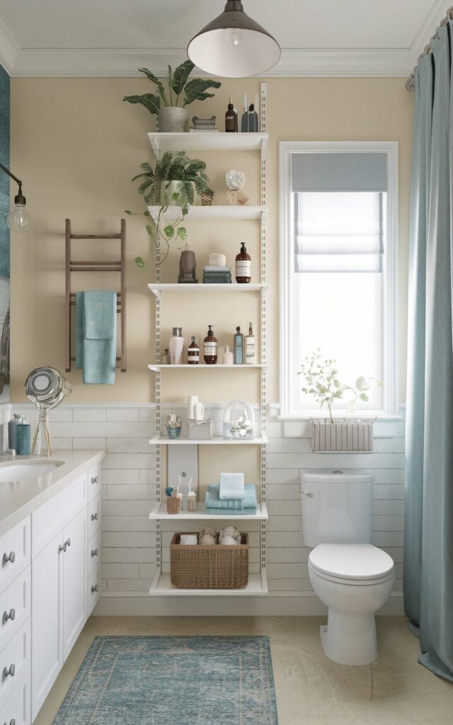 An Americana and coastal style fully furnished bathroom with a tall, sleek floating shelf that goes up to the ceiling to maximize vertical space. The shelf has essential items, toiletries, decor, plants, and trinkets. There is a vanity, a toilet, a floor rug, a ceiling pendant light, and a curtained window. The bathroom has a beige and white color scheme, with a few accents of blue.