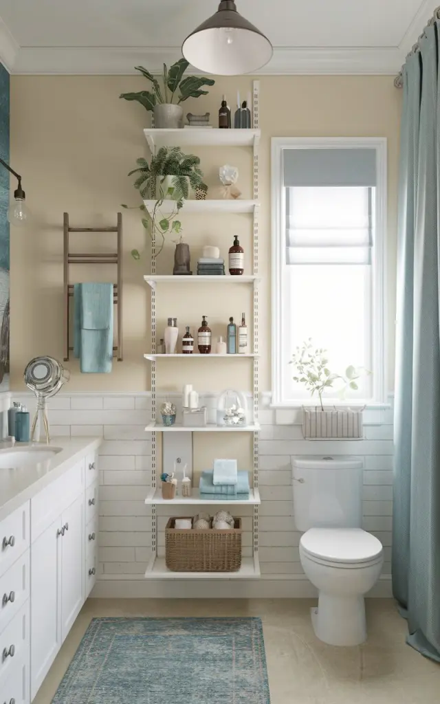An Americana and coastal style fully furnished bathroom with a tall, sleek floating shelf that goes up to the ceiling to maximize vertical space. The shelf has essential items, toiletries, decor, plants, and trinkets. There is a vanity, a toilet, a floor rug, a ceiling pendant light, and a curtained window. The bathroom has a beige and white color scheme, with a few accents of blue.