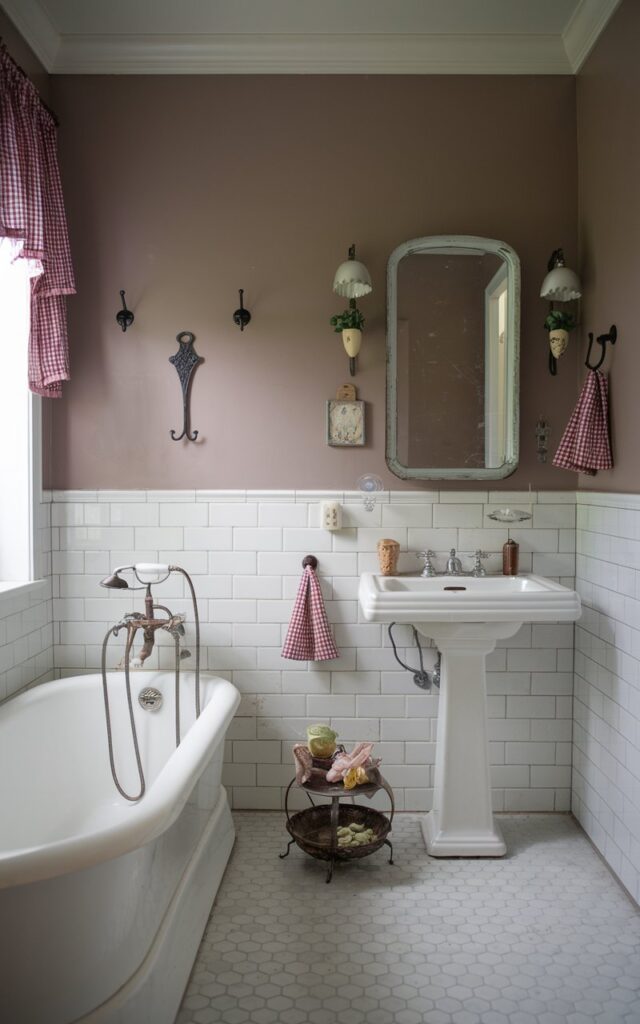 A photo of an Americana-style white bathroom with a tiled lower half wall and a painted upper half wall in a muted shade. There is a vintage-style mirror, a roll-top bathtub, a pedestal sink, and a few decorative items. The room has a few wrought iron hooks and gingham accents. The space has a warm, nostalgic charm.