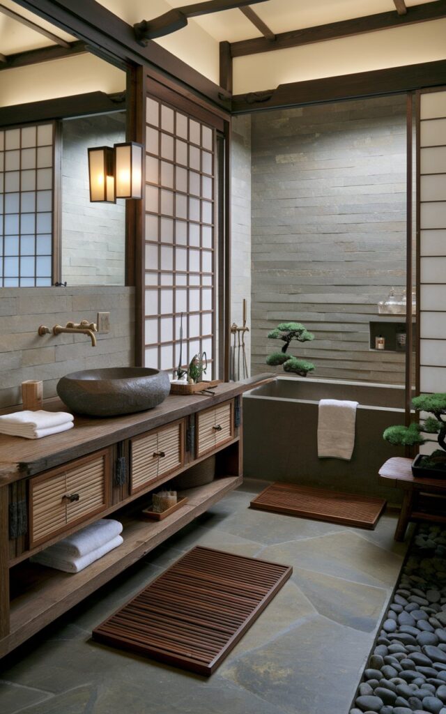 A photo of an Asian Zen-style bathroom with a traditional design. The bathroom has a floating vanity made of reclaimed wood, bamboo drawer inserts, and a matte stone sink. Behind the vanity, there is a minimalist backsplash of neutral tiles. Next to the vanity, there is a deep soaking tub, a wooden bath mat, and a bamboo stool. The floor is covered with smooth river stones or slate. The bathroom has shoji-style screens, soft linen towels, and bonsai plants. There are classic sconces and brushed brass taps. The overall space has a serene atmosphere with a blend of natural elements and timeless elegance.