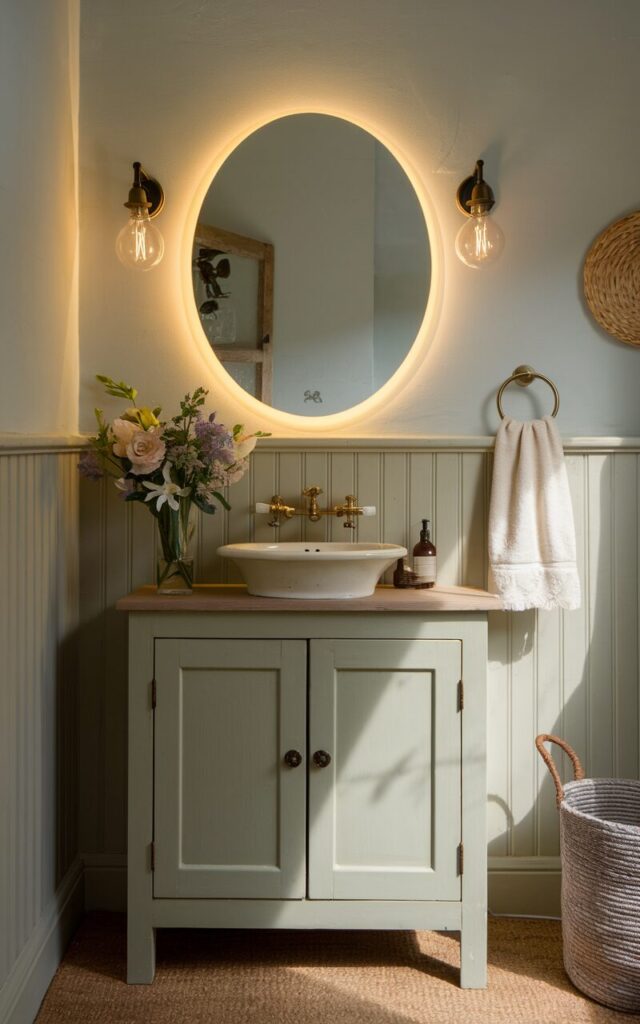 A photo of an English countryside bathroom with a charming blend of tradition and subtle modernity. The room has a classic oval mirror with soft LED backlighting, hanging above a ceramic basin set into a simple wooden vanity painted in muted sage or soft cream. The LED lighting casts a warm, ambient glow that highlights the rustic textures of the beadboard wall behind it. Brass or antique-style fixtures complement the vintage feel. Fresh-cut flowers in a small vase and a woven basket nearby maintain the countryside charm. The overall look is cozy, timeless, and softly illuminated with a minimal, refined touch.