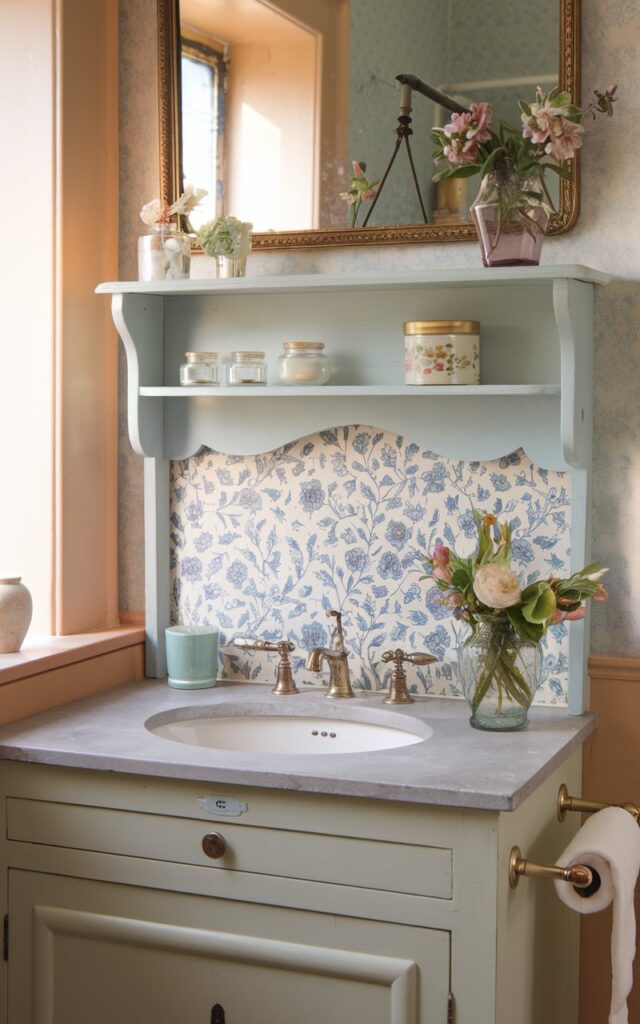 A photo of an English countryside bathroom with a charming, classic vanity topped by a soapstone counter and a floral ceramic backsplash. The vanity is placed near a window. Above the backsplash, there's a slim painted wood shelf with a soft pale blue hue, matching the room's color scheme. The shelf is adorned with small glass jars, a floral hand cream tin, and a bud vase with fresh-cut garden flowers. The wall behind the vanity features soft wallpaper. The bathroom is illuminated by natural light, casting a warm glow on the vintage gilded mirror, antique brass fixtures, and the cozy, collected atmosphere that defines this timeless countryside aesthetic.