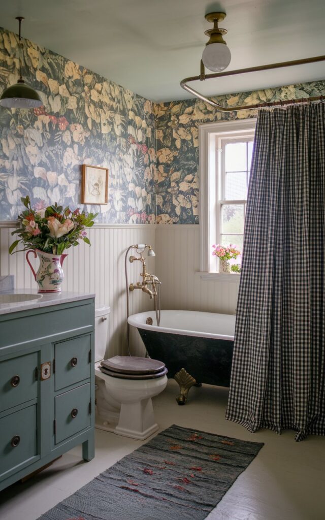 A photo of a quaint English countryside bathroom with floral wallpaper, beadboard walls, and vintage brass fittings. The room contains a clawfoot black tub, a vanity, a toilet, a floor rug, and a ceiling pendant light. There is a ceramic pitcher filled with fresh garden flowers on the vanity. The bathroom has a bold black-and-white shower curtain with a classic toile or gingham pattern.