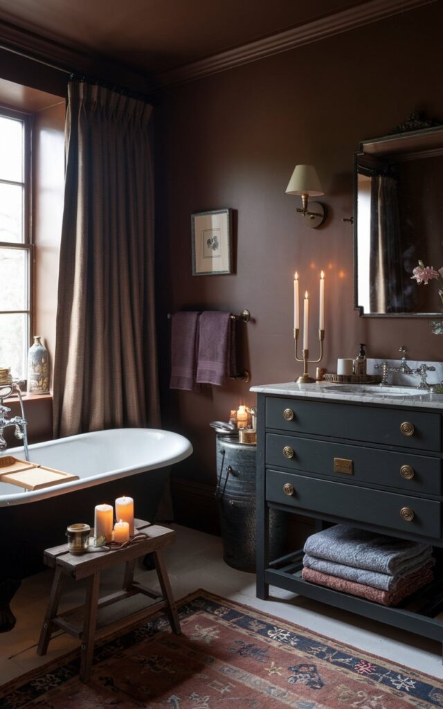 A photo of an English countryside bathroom with warm, moody tones. The walls are painted in deep olive, mulberry, or smoky navy. There is a clawfoot tub in a dark enamel finish near a sash window with thick linen curtains. The vanity is painted wood with classic brass hardware and has a marble or butler's sink. The space has cozy details like an antique rug, candles in brass holders, and a wooden stool stacked with fluffy towels.