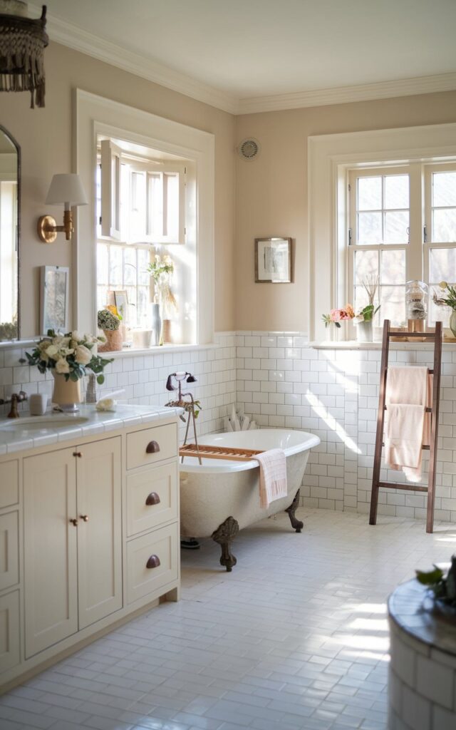 A photo of an English countryside-inspired bathroom with layered shades of white. The walls are ivory, the cabinetry is pearl-toned, and the tiles are chalky matte. There's a clawfoot tub, vintage brass fixtures, and a wooden ladder towel rack, adding classic farmhouse details. Soft natural light streams through mullioned windows, illuminating delicate floral arrangements and cozy textiles. The space looks fresh and inviting.