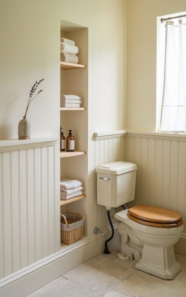 A photo of a minimalistic English countryside-inspired bathroom. There's a slim vertical storage niche beside a traditional-style toilet. The niche has open shelves with neatly folded linen hand towels, a small wicker basket, and vintage apothecary bottles. The wall is soft cream with beadboard paneling below. The toilet has a wooden seat in natural oak. The flooring is pale stone or aged-look tile. Natural light filters in through a window with a simple white curtain. A sprig of dried lavender is in a small ceramic vase on a shelf.