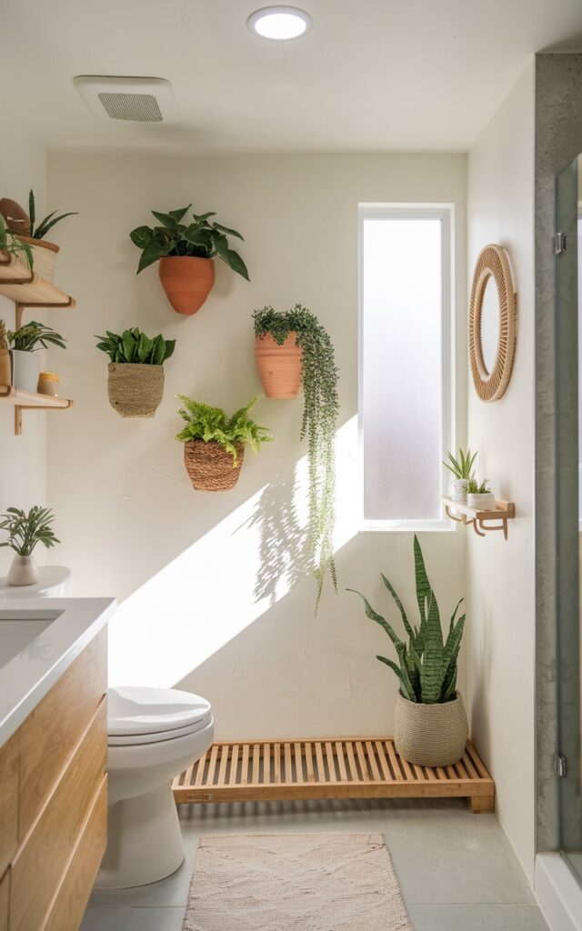 A photo of a modern boho bathroom with a biophilic design. The walls are crisp white, and there are wall-mounted planters in terracotta, matte ceramic, and woven textures. The planters hold pothos, string of hearts, and ferns. There are natural wood accents, such as a slatted bath mat, rattan mirror, and floating shelves. A frosted window lets in natural light, casting soft shadows on the textured wall. The bathroom has a vanity, a toilet, a shower area, a floor rug, and a recessed ceiling with a pendant light.