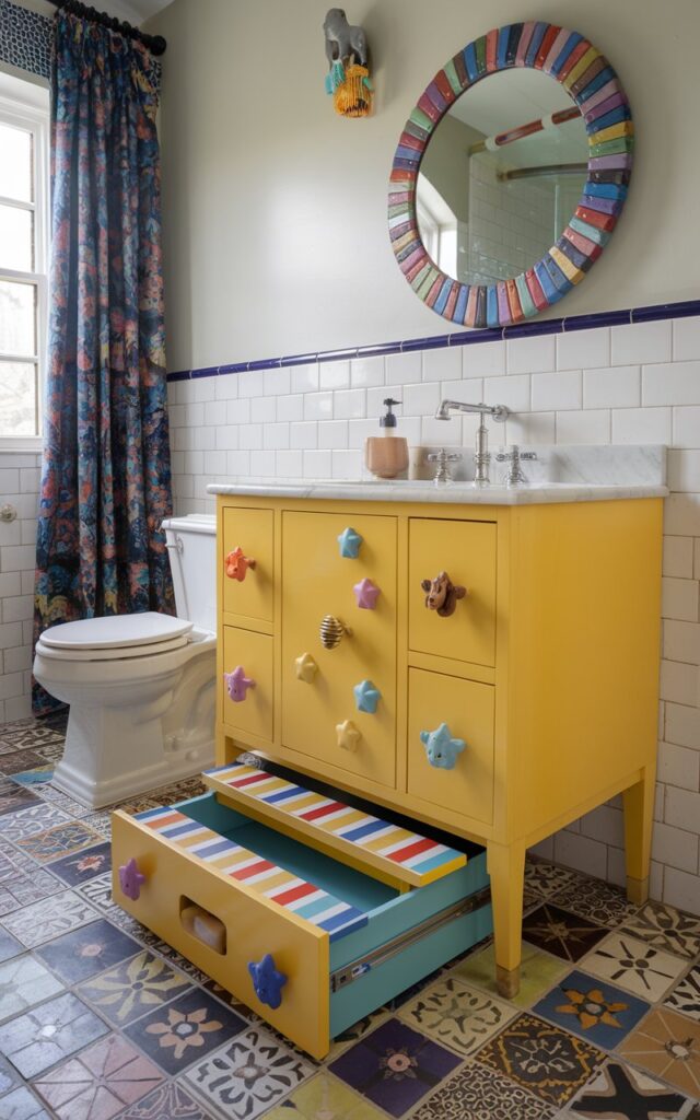 A photo of an eclectic kids' bathroom with a vintage-style sunshine yellow vanity. The vanity has a step-stool drawer with a colorful striped inner panel and rubber grips for safety. The drawer is pulled out slightly. The vanity has mismatched knobs, some shaped like stars and others like animals. Above the vanity, a round mirror with a bold, patterned frame hangs on a tiled wall. The floor is a patchwork of colorful encaustic tiles. The room also has a toilet, a curtained window, and a patterned floor rug.