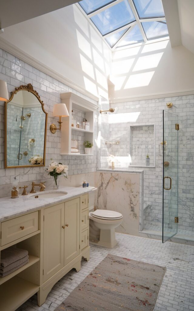 A photo of an elegant English country white bathroom with walls clad in marble veining tile. Above, a skylight floods the space with golden hour sunlight. The light dances across brass fixtures, a vintage-inspired mirror, and floral accents, giving the bathroom a fresh, airy feeling. It's a serene blend of countryside grace and timeless sophistication, elevated by the beauty of the sky above. The bathroom is fully furnished with a vanity, a toilet, a glass door shower area, floor rug, open shelves, etc.