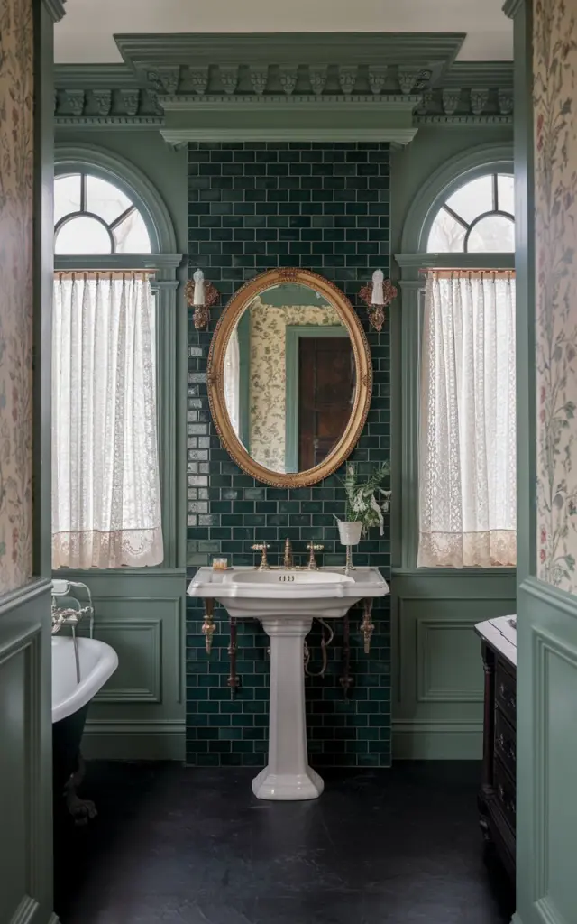 A photo of a Victorian-inspired open bathroom with a dramatic vanity wall framed in deep forest green tiles. The rich, dark green tiles form a striking backdrop behind a classic pedestal sink with ornate brass faucets. Intricate crown molding and vintage wainscoting in soft cream complement the dark green tile, adding old-world charm. A large, oval, gold-framed mirror hangs above the vanity, reflecting soft natural light from tall, arched windows with lace curtains. The space features a clawfoot tub, dark wood accents, and delicate floral wallpaper on adjacent walls, blending vintage warmth with lush, moody green drama.