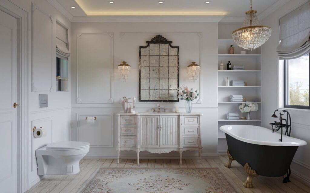 A photo of a serene white bathroom blending Shabby Chic and Gustavian styles. The space features chalky white walls with subtle panel molding, a distressed Gustavian-style pastel vanity with fluted legs, and a soft patina. A delicate crystal chandelier with warm light hangs above a freestanding black clawfoot tub with golden legs. There is a faded antique mirror with a black frame, wood panelled floors, and light-filtering linen window treatments. Pastel florals in a porcelain pitcher and dainty gold accents offer quiet elegance. The bathroom has a toilet, recessed ceiling with LED lights, Persian patterned floor rug, wooden open shelves with essentials, etc. Natural light is subtle, ambient.