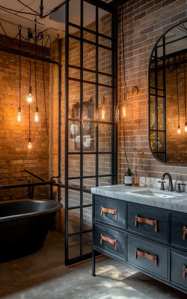 A photo of an industrial-style bathroom with exposed brick walls, black metal-framed mirror, and raw concrete floors. The room is softly illuminated by warm-color temperature bulbs in vintage-inspired fixtures. There is a freestanding matte black tub, brushed brass accents, and a marble-topped vanity with leather drawer pulls. Edison-style filament bulbs hang from bare, twisted cords or are encased in sleek glass sconces, casting a golden hue over polished textures. The warm lighting softens the industrial vibe, creating a high-contrast, high-comfort sanctuary.