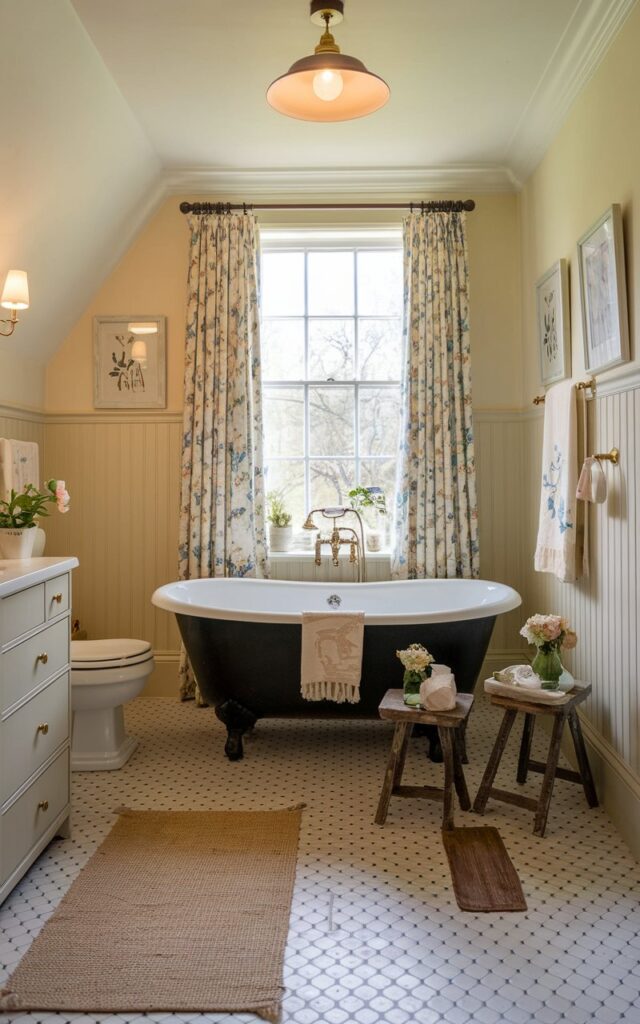 A photo of an English countryside bathroom with a classic black freestanding tub placed in front of a large window framed by floral curtains. The walls are painted a soft cream or warm white, complemented by vintage beadboard paneling. A patterned black-and-white tile floor adds subtle drama, while brass taps and antique wooden stools lend rustic charm. Delicate botanical prints, fresh-cut garden flowers, and cozy textures like a woven rug or linen bath towel complete the relaxed, storybook-cottage atmosphere. The bathroom also has a fully furnished vanity, a toilet, floor rug, and a ceiling pendant light (warm light on).
