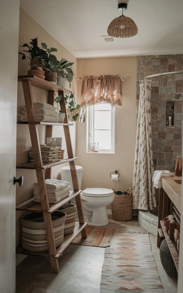 A photo of a boho bathroom with a rustic wooden corner ladder shelf in a cozy nook. The shelf has woven baskets, potted plants, and stacks of folded towels. There is a vanity, a toilet, and a shower area. There's a curtained window, a floor rug, and a ceiling boho pendant light. The room has earthy tones and a relaxed, eclectic vibe.