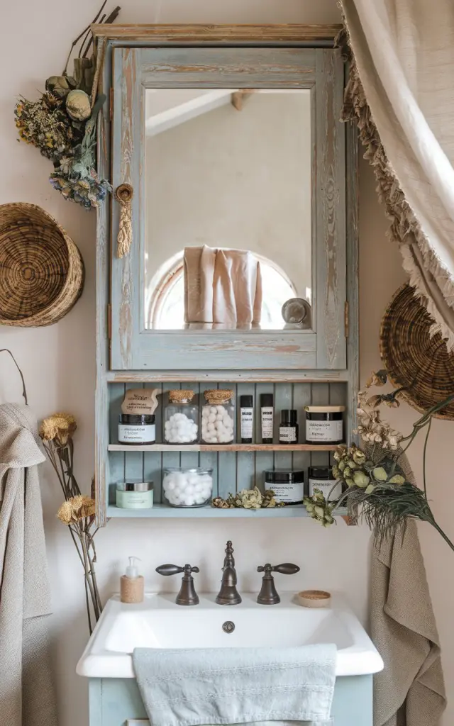 A photo of a boho-cottagecore bathroom with a rustic wooden framed mirrored cabinet above a vanity. The cabinet has a softly distressed paint and is filled with neatly organized essentials like herbal soaps, glass jars of cotton balls, and handmade skincare products. Surrounding the cabinet are dried flowers, woven baskets, and soft linen curtains. The bathroom has a cozy, earthy vibe where practical storage meets whimsical, natural charm.