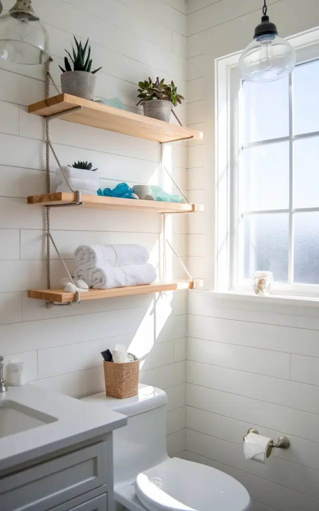 A photo of a California coastal bathroom with crisp white walls and natural wood floating shelves installed above a sleek toilet. The shelves hold potted succulents, rolled towels, and sea glass decor. Sunlight streams in through a large window, highlighting the light, breezy aesthetic and smart vertical storage that keeps essentials handy without cluttering the space. The bathroom also has a fully furnished vanity with a pendant light.