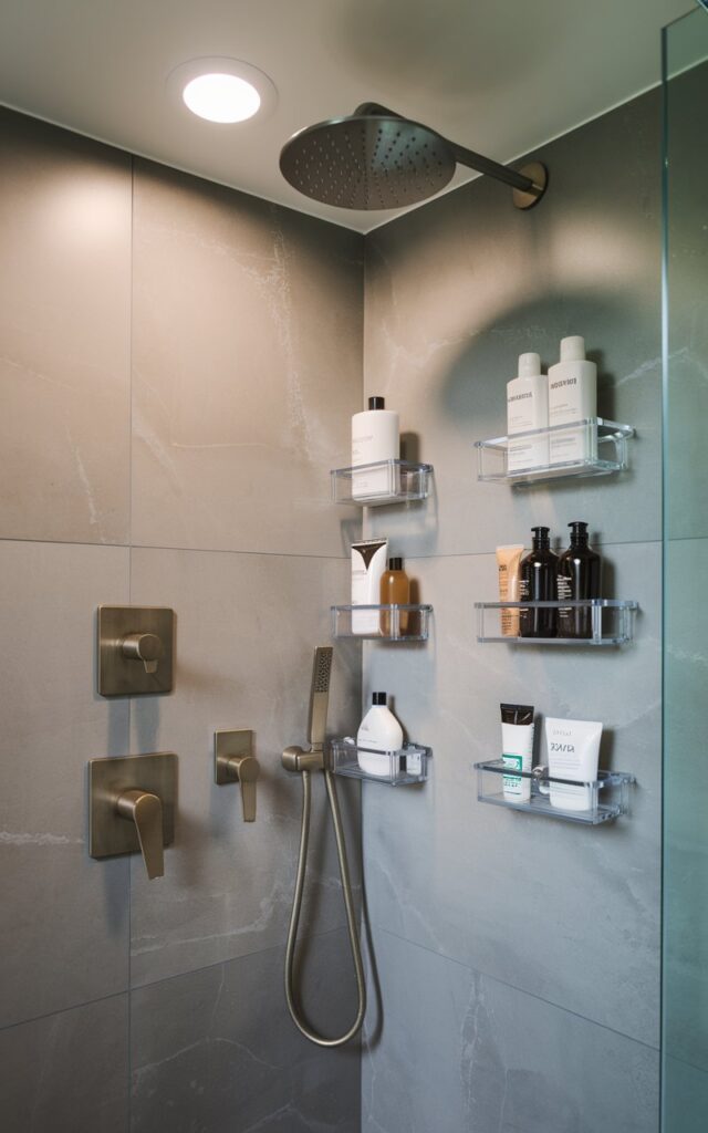 A photo of a contemporary spa-style bathroom with large matte tiles and a rainfall shower head. There are sleek adhesive caddies clinging seamlessly to the shower wall. The transparent or brushed-metal caddies hold bottles of shampoo, conditioner, and body wash, keeping surfaces clear and organized. The minimalist setup blends function with elegance, turning everyday storage into a polished, clutter-free experience that feels both modern and indulgent. There is a recessed ceiling with LED lights.