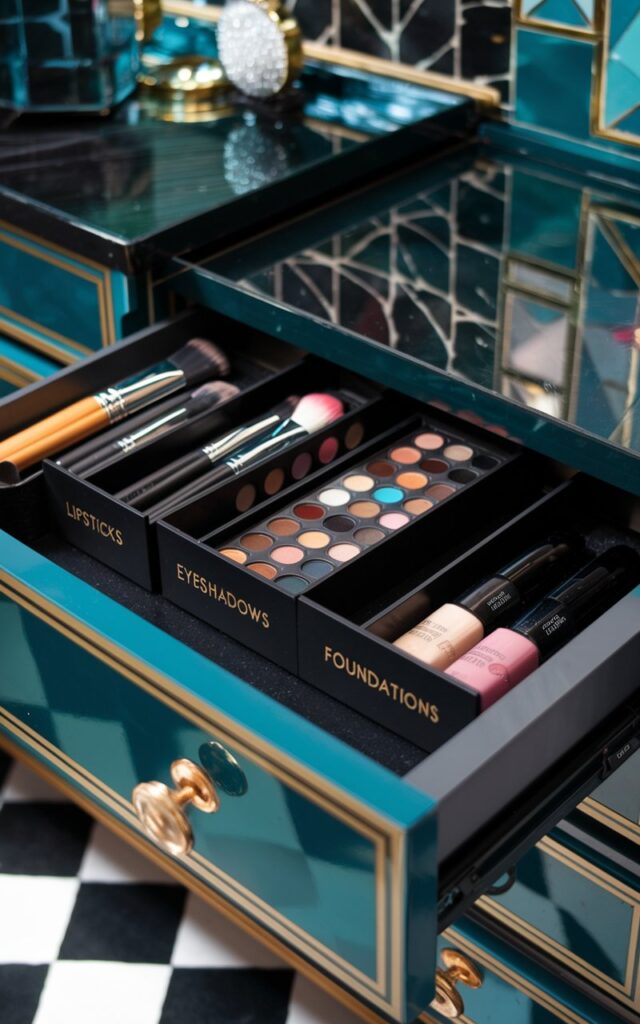 A photo of an eclectic Art Deco bathroom vanity drawer with stylish dividers. The dividers are labeled "Lipsticks," "Brushes," "Eyeshadows," and "Foundations." They are made of sleek black and gold materials. The bold geometric patterns and rich jewel tones of the space are perfectly complemented by the dividers. The organized setup keeps makeup and tools neatly sorted, blending vibrant, eclectic charm with the glamour and precision of Art Deco design.