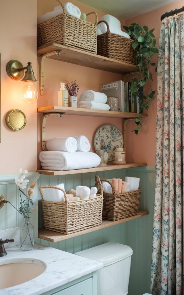 A photo of an English countryside bathroom with open wooden shelves displaying 2-3 woven wicker baskets. The baskets hold everyday essentials like rolled towels, soaps, and bath salts for easy grab-and-go access. The shelves also contain a plant, books, decor, etc. Soft pastel walls, floral curtains, and vintage brass fixtures add warmth and charm, creating a cozy, organized space that perfectly blends rustic comfort with classic English elegance. The bathroom has a vanity, a toilet, wall scones (Warm light on), and soft, ambient natural light.
