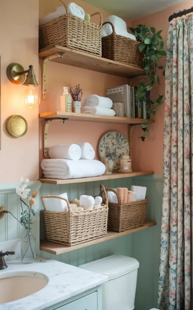 A photo of an English countryside bathroom with open wooden shelves displaying 2-3 woven wicker baskets. The baskets hold everyday essentials like rolled towels, soaps, and bath salts for easy grab-and-go access. The shelves also contain a plant, books, decor, etc. Soft pastel walls, floral curtains, and vintage brass fixtures add warmth and charm, creating a cozy, organized space that perfectly blends rustic comfort with classic English elegance. The bathroom has a vanity, a toilet, wall scones (Warm light on), and soft, ambient natural light.