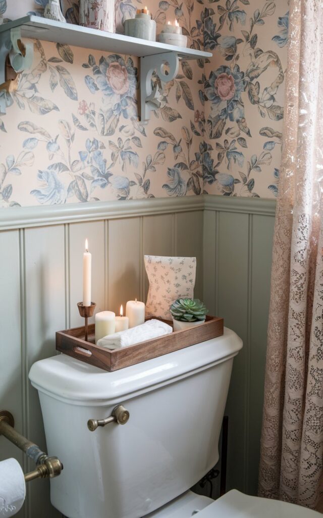 A photo of a bathroom in the English countryside. The walls are painted in soft pastel colours and have a floral wallpaper. There is a wooden tray on the classic porcelain toilet tank, holding delicate candles, a succulent, and neatly folded wipes. The bathroom has vintage brass fixtures and a cozy lace curtain. The overall space is quaint and inviting, with thoughtful storage and timeless country elegance. The natural light is soft and ambient.