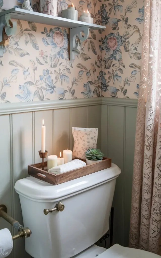 A photo of a bathroom in the English countryside. The walls are painted in soft pastel colours and have a floral wallpaper. There is a wooden tray on the classic porcelain toilet tank, holding delicate candles, a succulent, and neatly folded wipes. The bathroom has vintage brass fixtures and a cozy lace curtain. The overall space is quaint and inviting, with thoughtful storage and timeless country elegance. The natural light is soft and ambient.