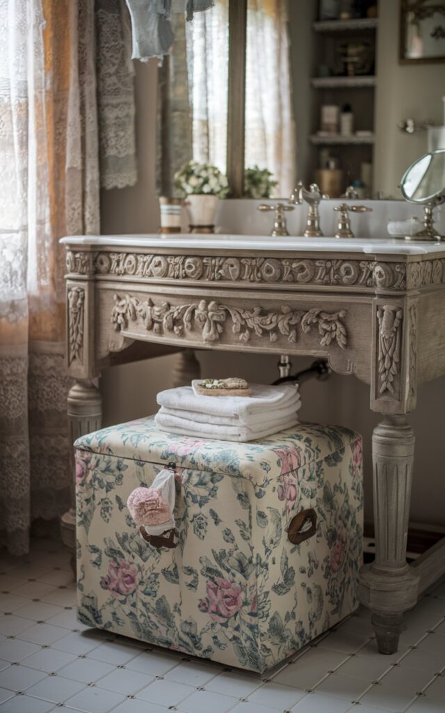 A photo of a Victorian-style farmhouse bathroom with a carved wood vanity and a tufted floral storage ottoman. The ottoman is placed under the vanity and is used for storing toiletries and towels. The bathroom has a vintage charm with antique details, lace accents, and soft lighting. The vanity is fully furnished.