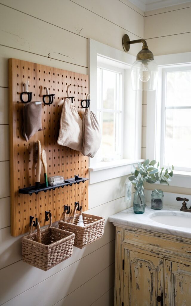 A photo of a farmhouse bathroom with a warm wooden pegboard wall. The pegboard has black metal hooks holding hairbrushes, pouches, and a few woven baskets. The pegboard's natural wood grain contrasts beautifully with white shiplap walls and vintage brass fixtures. Soft natural light filters through a nearby window, highlighting cozy farmhouse details like a distressed wooden vanity and mason jar decor, creating a charming, organized, and inviting space.
