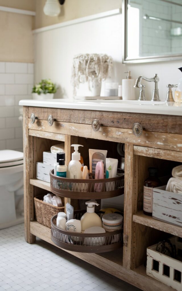 A photo of a farmhouse bathroom with a rustic wooden vanity and open cabinetry underneath. The vanity features a rotating lazy Susan stocked with everyday products like soaps, lotions, and cleaning supplies. The distressed wood and vintage knobs add warmth and character, while the lazy Susan makes accessing items effortless. The bathroom has soft natural light and simple white tiles. The overall design is cozy, practical, and has a charming country style.