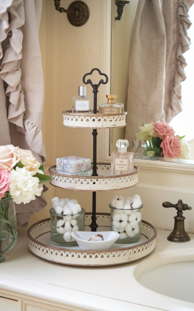 A photo of a French country bathroom with soft cream walls, antique brass fixtures, and a touch of rustic elegance. There's a charming tiered tray on the vanity countertop holding perfume bottles, floral soap bars, cotton buds in glass jars, and a tiny ceramic dish for rings. The tray, made of distressed wood and wrought iron, adds vintage flair while keeping clutter at bay. The bathroom is surrounded by ruffled linen curtains and fresh-cut flowers in a vase, creating a sweet setup that brings graceful order to your daily routine in true French countryside fashion.
