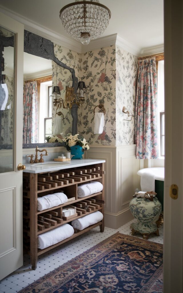 A photo of a bathroom in the English countryside with a glamorous rustic charm. The bathroom has a wooden wine rack repurposed as a rolled towel holder filled with plush white towels. The rack's distressed finish contrasts beautifully with polished brass fixtures and a crystal chandelier overhead. The bathroom has floral wallpaper and a vintage rug. The space is luxurious and inviting with a clever, stylish storage twist.