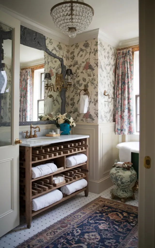 A photo of a bathroom in the English countryside with a glamorous rustic charm. The bathroom has a wooden wine rack repurposed as a rolled towel holder filled with plush white towels. The rack's distressed finish contrasts beautifully with polished brass fixtures and a crystal chandelier overhead. The bathroom has floral wallpaper and a vintage rug. The space is luxurious and inviting with a clever, stylish storage twist.