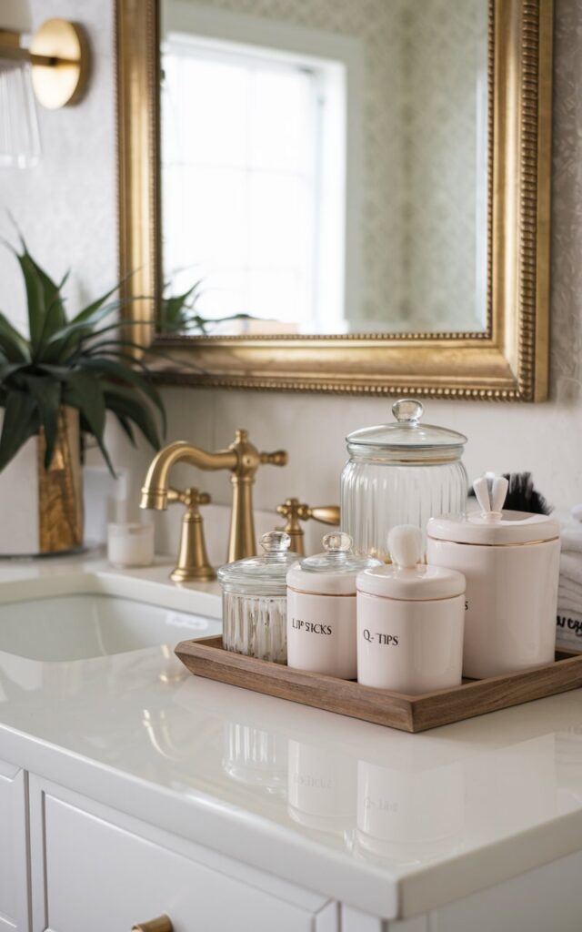 A photo of a glamorous and chic bathroom vanity with glossy white surfaces, a gold-framed mirror, and soft ambient lighting. The vanity has a gold faucet and a wooden tray with elegant glass jars and matte canisters labeled "Cotton Pads," "Lipsticks," and "Q-Tips," each containing essentials. There is a faux plant and other essentials on the vanity. The background is a wall with a pattern.