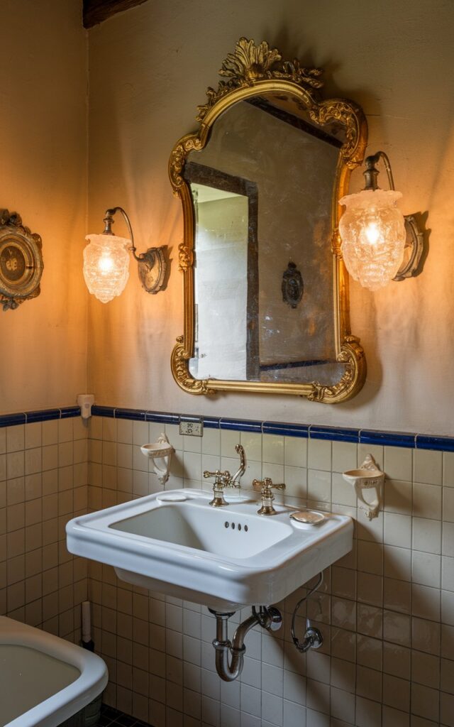 A photo of an English countryside bathroom with a gilded, ornate mirror hanging above the sink. There are two vintage frosted sconces on either side of the mirror, with warm light illuminating the bathroom. The sink has a classic design with a single faucet. The floor is tiled in a traditional pattern. The walls have a beige hue and are adorned with a few decorative items.