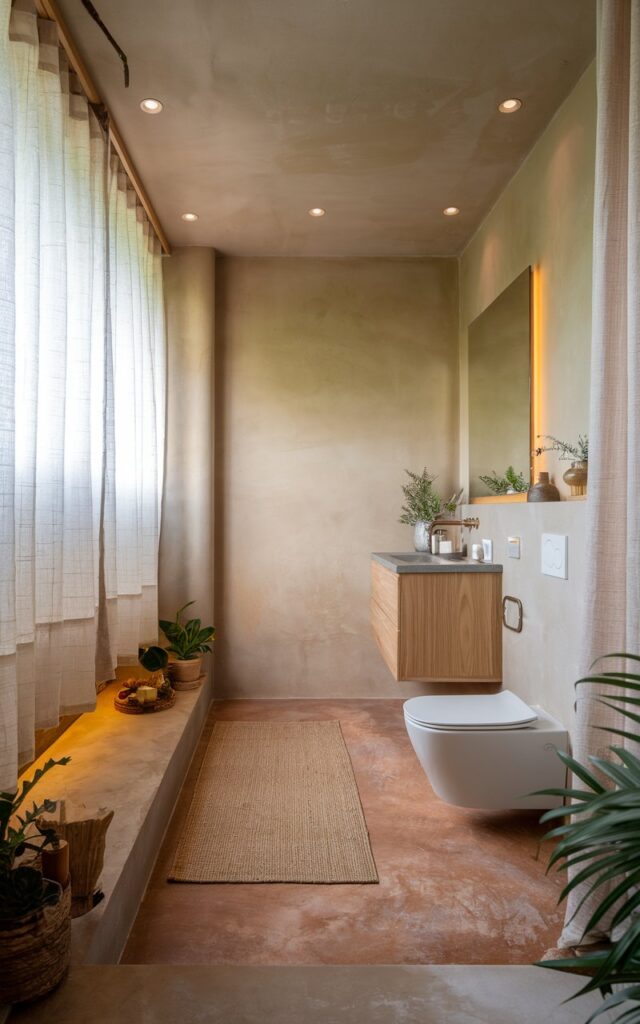 A photo of a Japandi-style bathroom with soft neutral tones. The walls are in warm beige and greige, and the floor is made of clay-colored floor tiles. There's a floating wood vanity and a white toilet. The bathroom has a woven rug and subtle wooden accents. There are plants near the vanity. The room is illuminated by natural light that filters through a sheer curtain. There are also recessed ceiling lights and scones (warm light on).