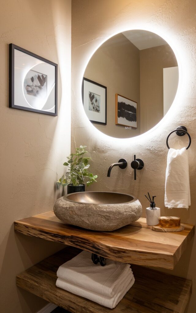 A photo of a Japandi-style powder room with a natural stone vessel sink atop a floating wood vanity. The stone sink has a raw, textured surface in soft gray or taupe. Warm neutral walls, a round LED backlit frameless mirror, and a matte black wall-mounted faucet complete the look. A small potted plant and linen hand towel add subtle charm. Walls have framed art.